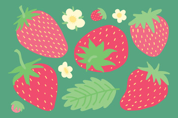 Illustration of strawberries, flowers, and leaves on a green background. Vibrant and colorful, perfect for themes of fresh, healthy eating, summer, and nature. Ideal for decorations, creative projects