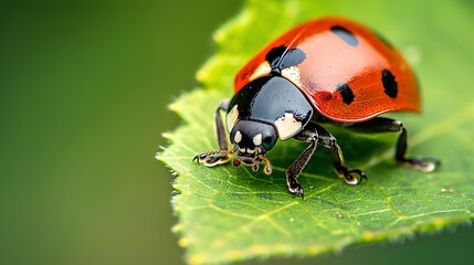 Fototapeta premium A beautiful red ladybug sits on a green leaf, its wings are open and its antennae are raised.