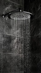 Modern bathroom shower head with flowing water and dark tiles