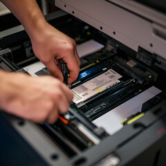 Installing RAM in a computer, close-up of the hands of a master