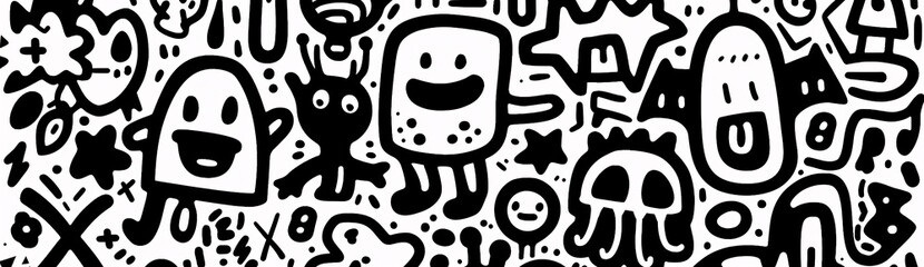 Abstract Black and White Doodle Art with Playful Cartoon Characters
