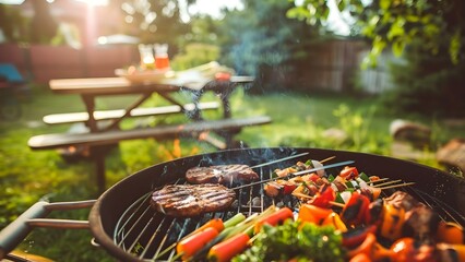 Grilling vegetables and meat in backyard on a sunny day. Concept Grilled Vegetables, BBQ Meats, Outdoor Cooking, Summer Barbecue, Backyard Grilling