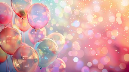 beautiful celebration background with balloons, pastel colors, glittery sparkly stars