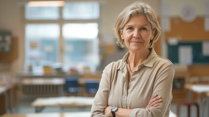 Confident mature female teacher standing in classroom, wearing beige blouse, arms crossed, smiling gently, educational setting, inspiring mentorship theme.