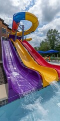 Colorful water park slides with splashing water in vibrant hues of blue, yellow, red, and purple evoke fun summer days. Copy space.