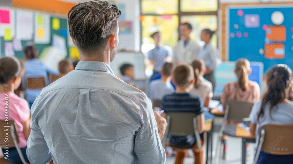 Poster a man is standing in front of a diverse classroom filled with attentive students, holding a stack of