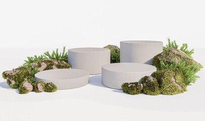 Podium with rock moss on white background.3D render.