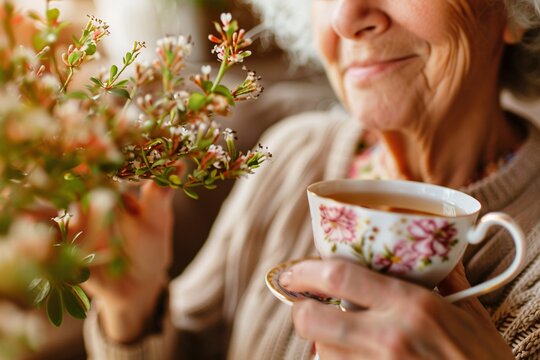 Comforting Elderly Woman Enjoying Tea Time