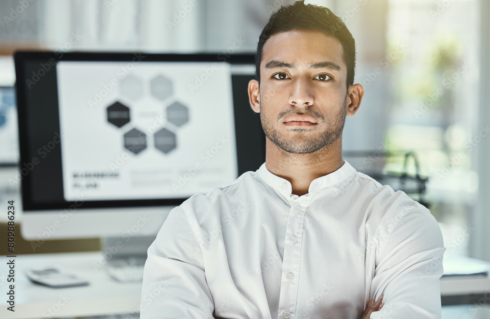 Poster portrait, businessman and serious in office with computer screen for research, analysis and project.