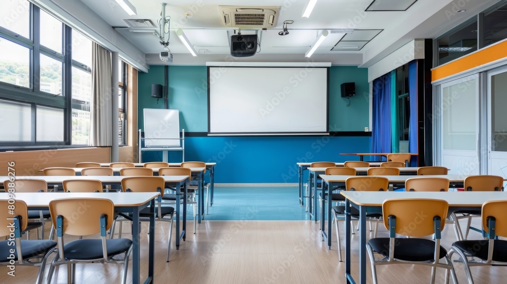 Poster a classroom crowded with rows of desks and chairs, ready for students to sit and learn.