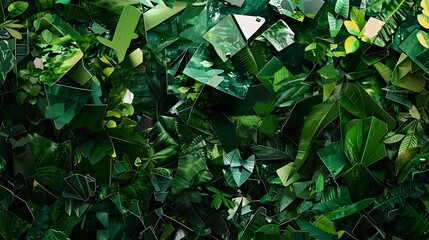 A dense collage of abstract shapes and forms in varying shades of green, resembling a digital jungle, captured with an 8k camera, ratio