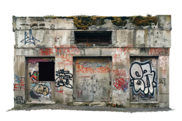 Abandoned concrete building front view full of graffiti over isolated transparent background