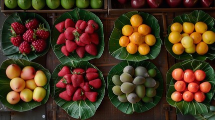 A vibrant array of assorted bio fruits overflowing from colorful baskets, showcasing a diverse selection of natures bounty