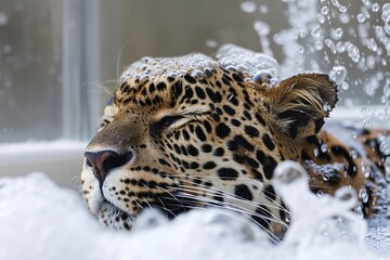Close-up leopard grooming spots bath relax enjoy water soak foam bubbles wildlife nature wild big cat feline soap cleanse rinse splash