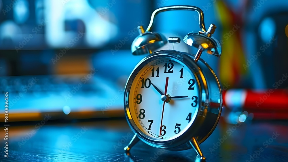 Poster clock and business tasks montage highlights importance of time management in multitasking. concept t