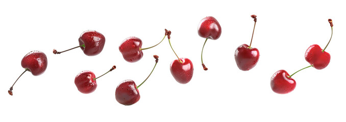 Cherries floating over isolated transparent background