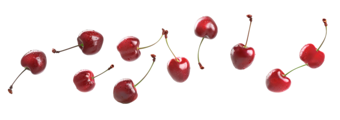 Cherries floating over isolated transparent background