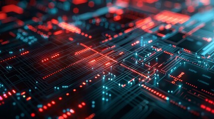 Close-up of a detailed neon circuit board with red and blue lighting. Futuristic digital display with glowing financial graphs and diagrams, abstract 3D illustration.