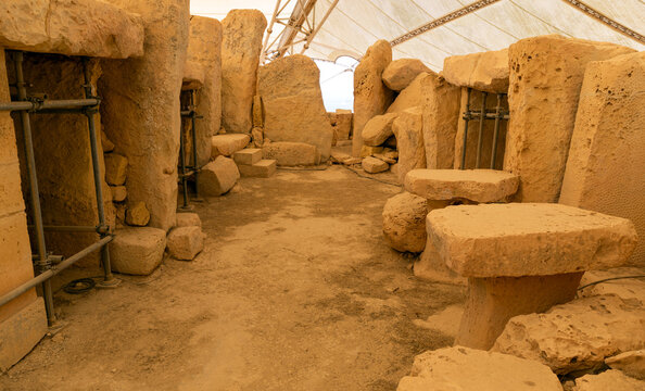 Hagar Qim megalithic temple complex, on the southern coast of the Mediterranean island of Malta