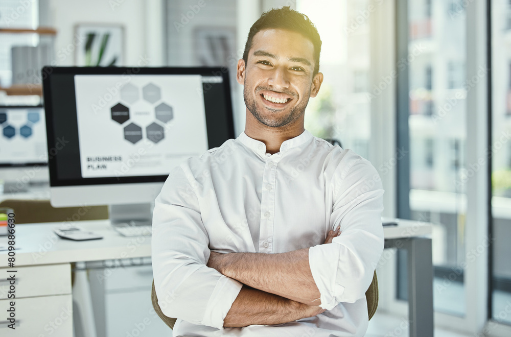 Poster businessman, portrait and happy in office with computer screen for research, analysis and project. m