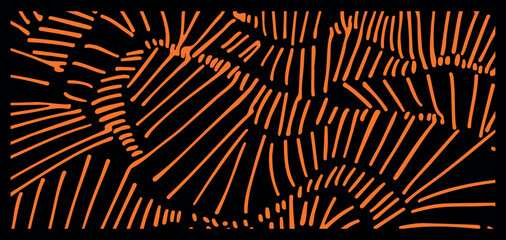 Abstract pattern of orange stripes on a black background. Simple doodle or linear abstract wallpaper. Vector illustration. Template for greeting card, postcard, print.