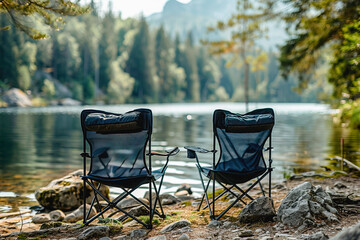Fototapeta premium Camping chairs alone showing amazing view of the lake during summer vacations in nature