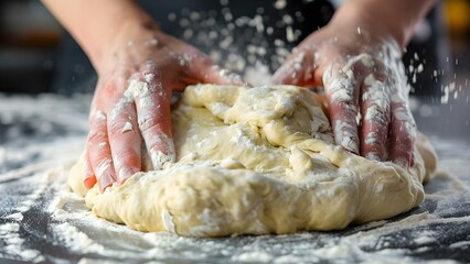Fototapeta premium Capturing the Art of Kneading Pizza Dough: Close-up Shots on a Floured Surface. Concept Food Photography, Culinary Art, Dough Preparation, Close-up Shots, Floured Surface