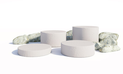 Podium with rock on white background.3D render.