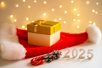 background for new year or christmas 2025 with numbers 2025 and glowing glowing bokeh lights in the...