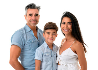 Latin American family portrait of three with couple with 12 year old son. Isolated over white transparent background