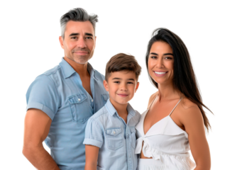 Latin American family portrait of three with couple with 12 year old son. Isolated over white transparent background