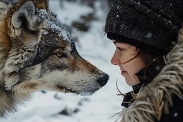An up-close encounter between a person and a wolf, capturing the essence of mutual respect and understanding