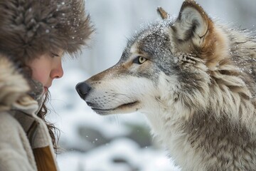 Obraz premium An up-close encounter between a person and a wolf, capturing the essence of mutual respect and understanding