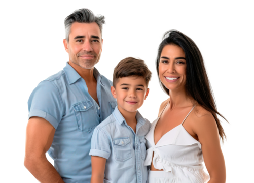 Latin American family portrait of three with couple with 12 year old son. Isolated over white transparent background