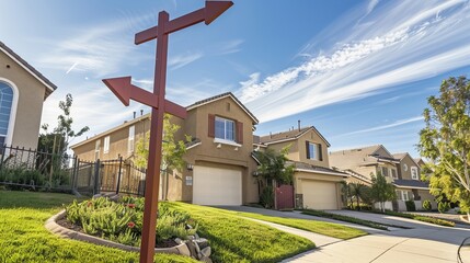 A sign with an upward arrow in front of a gated house, symbolizing rising home prices and real...
