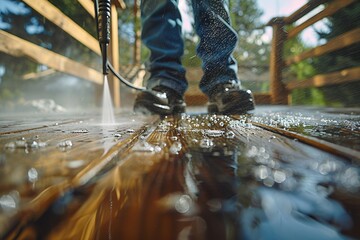 An intimate shot capturing someone power washing a dirty outdoor deck with a Karcher machine, foam spraying, promoting thoroughness and cleanliness