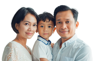 Philippine family with couple in their forties holding their 4 year old son. Posing over isolated transparent background