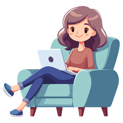 Happy woman sitting on armchair and working on laptop