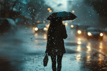 An intense shot capturing a soaked woman strolling through heavy rain, symbolizing perseverance and resolve