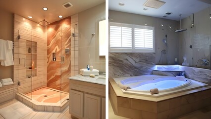 Before and after images of a luxurious custom bathroom upgrade interior. Concept Bathroom Renovation, Luxurious Upgrade, Before and After Comparison, Custom Interior Design