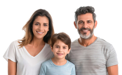 Fototapeta premium Spanish family of three portrait with couple and their little son. Posing over white transparent background