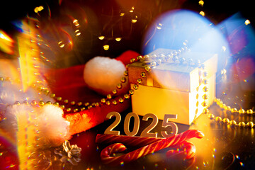 bright New Year's Christmas photo postcard with numbers 2025, beads, garlands, pine cones, lights,...