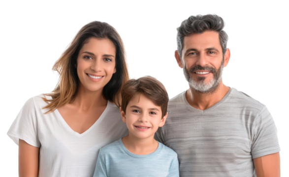 Spanish family of three portrait with couple and their little son. Posing over white transparent background