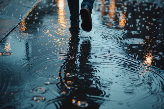 An intense shot capturing a drenched individual strolling in heavy rain, puddles forming, depicting perseverance and resolve