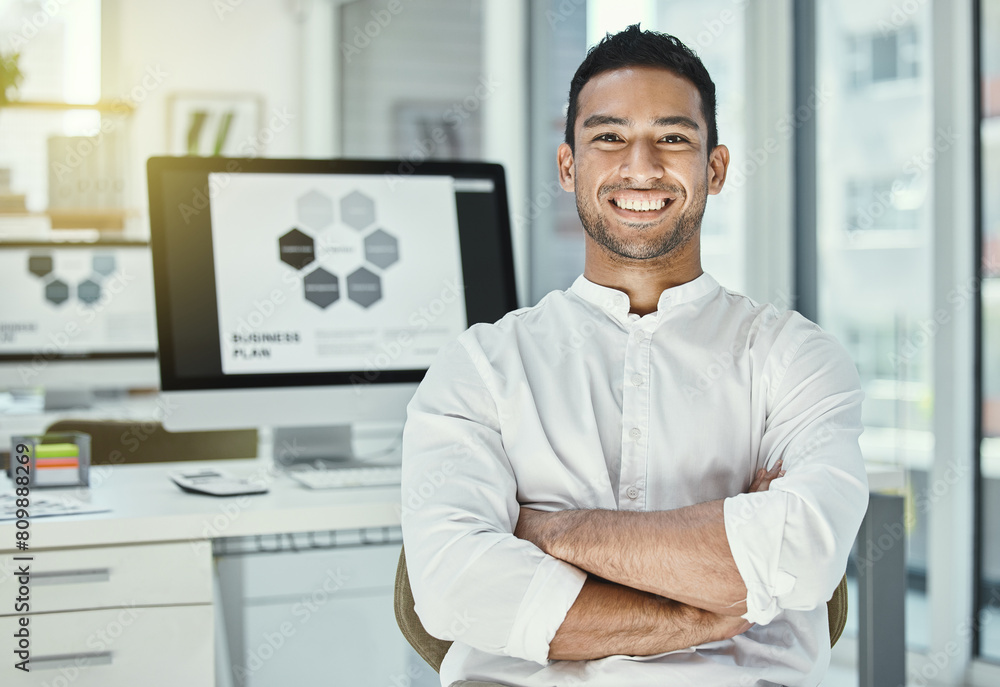 Poster Businessman, portrait and happy in office with computer screen for research, digital and project. Male developer, software and technology in workplace for review, media and company website at desk