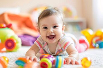 Adorable baby giggling while playing with colorful toys