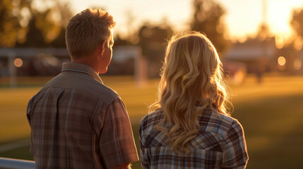 Fototapeta premium A couple wearing plaid shirts standing on the sidelines of a sports field, observing a game at sunset.