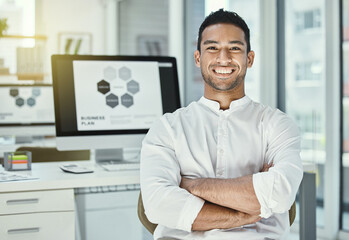 Businessman, portrait and happy in office with computer screen for research, digital and project....