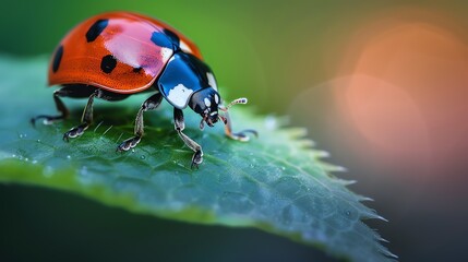 A beautiful macro shot of a ladybug on a green leaf. The ladybug is red with black spots and has its wings open. - Powered by Adobe