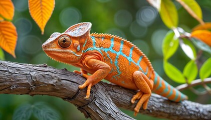 Orange Chameleon on Wood Close-Up, Hand Edited Generative AI